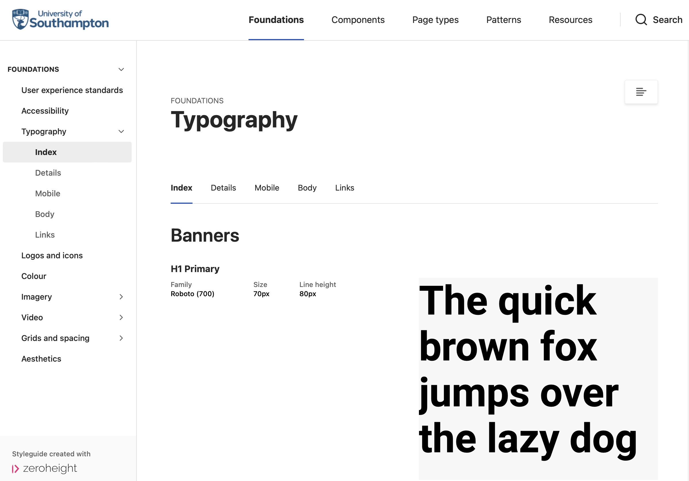 Example typography page from the University of Southampton design system