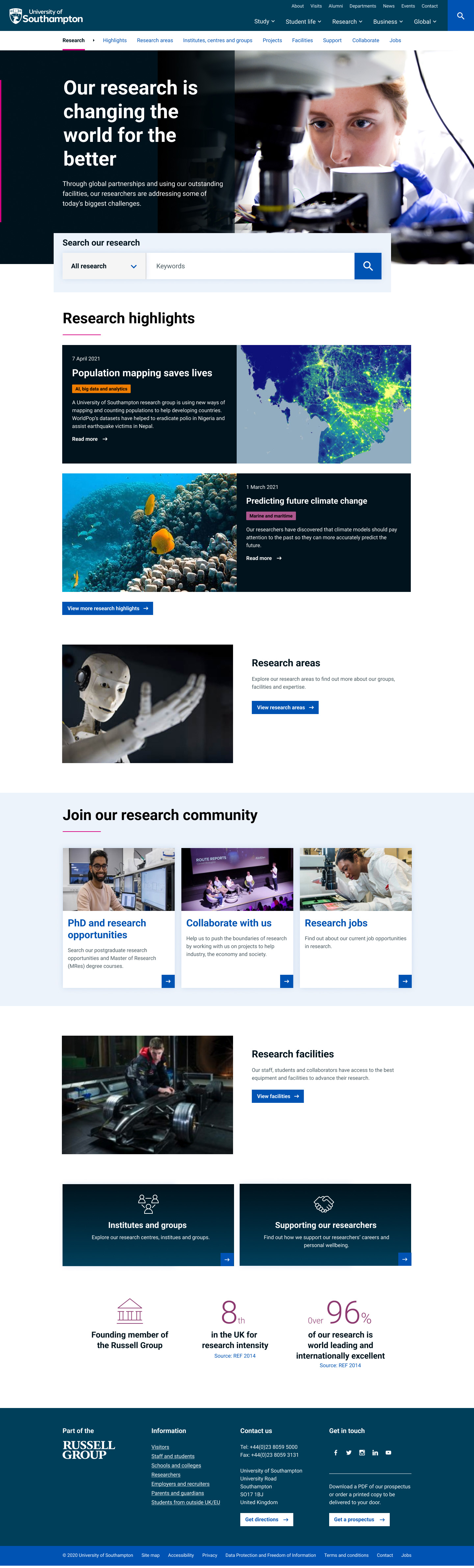Research index page from the University of Southampton website