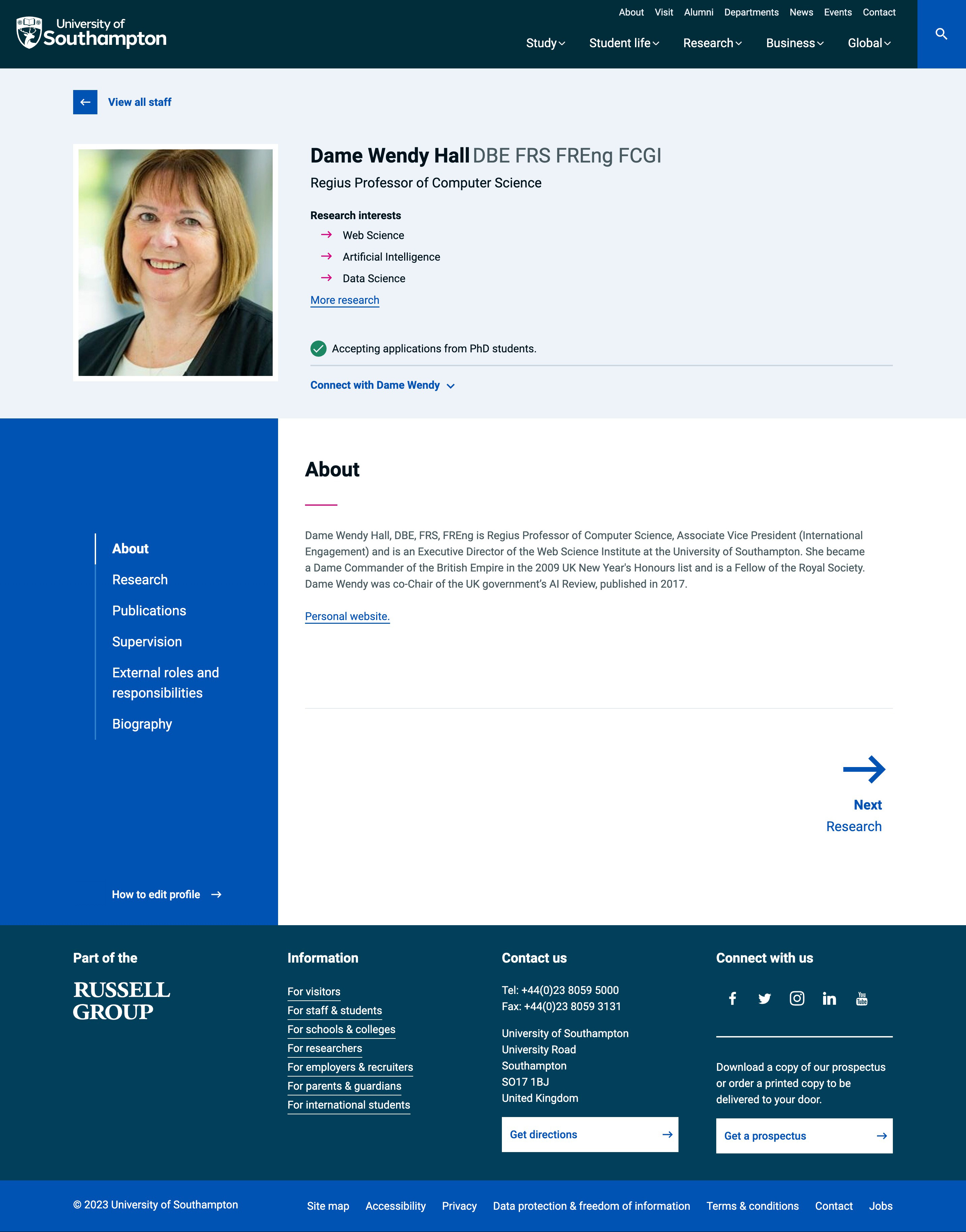 Example staff profile page from the University of Southampton website