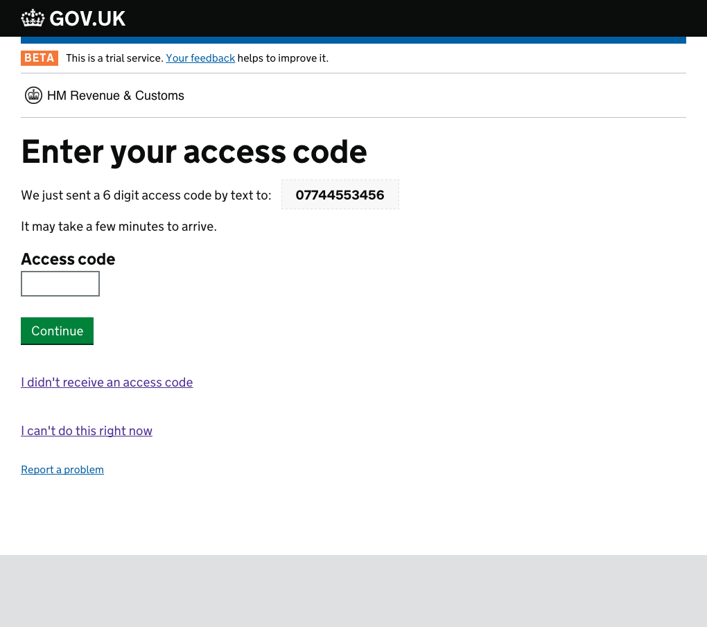 Example web page asking users to enter their access code as part of the two-factor authentication process