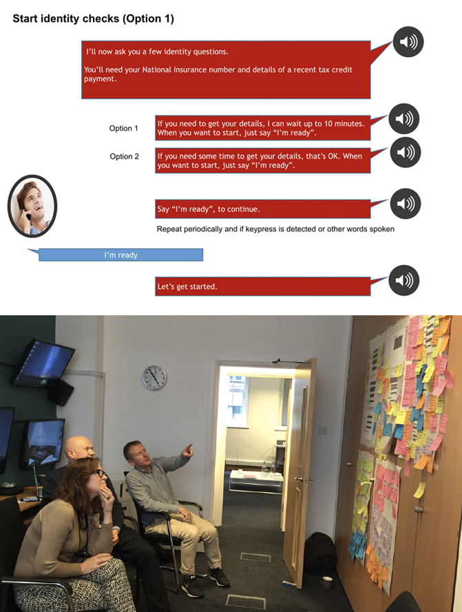 Voice biometrics example dialogue and three people pointing at and discussing research findings displayed as PostIt notes on a wall