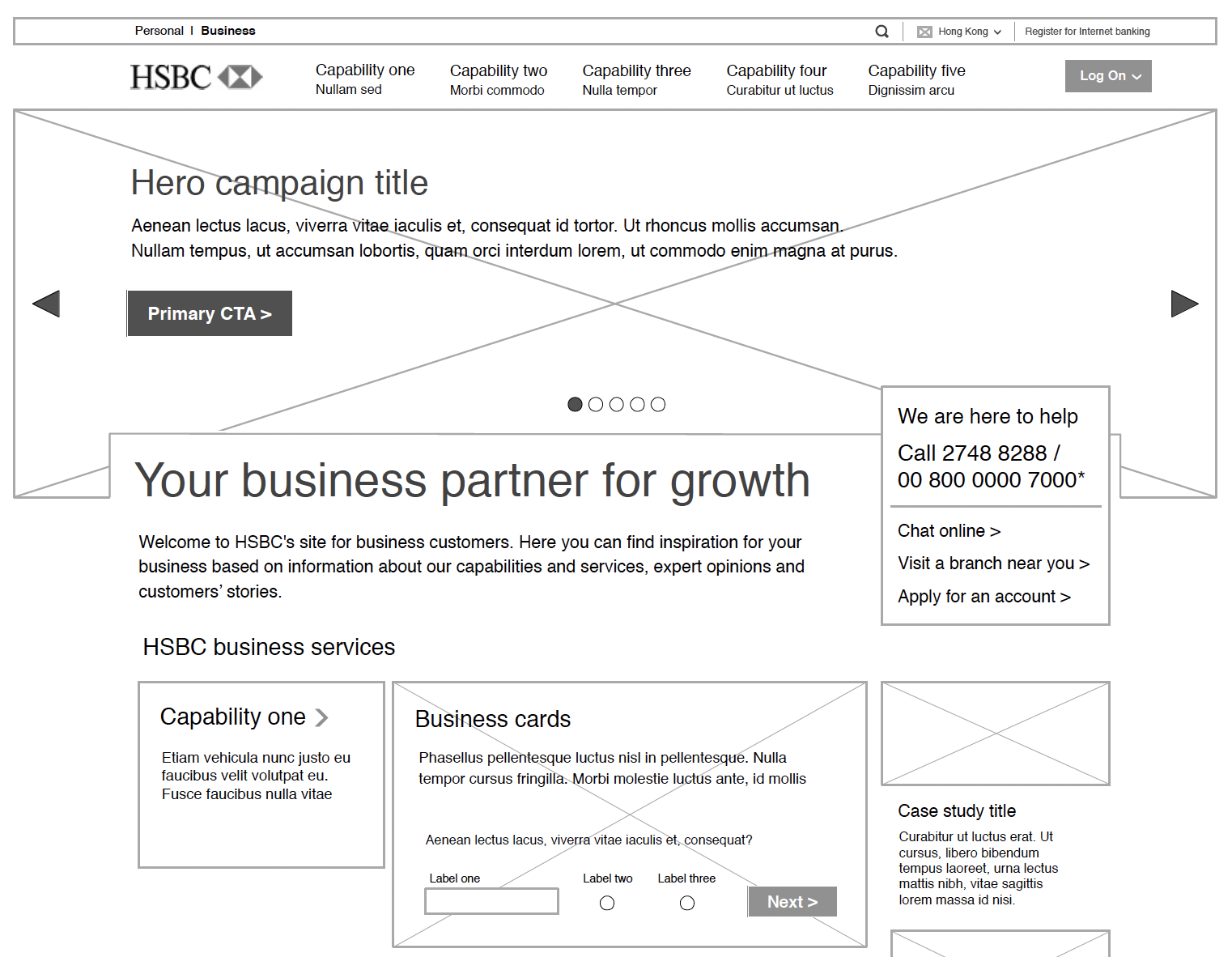 Wireframe of the HSBC Business Banking homepage design