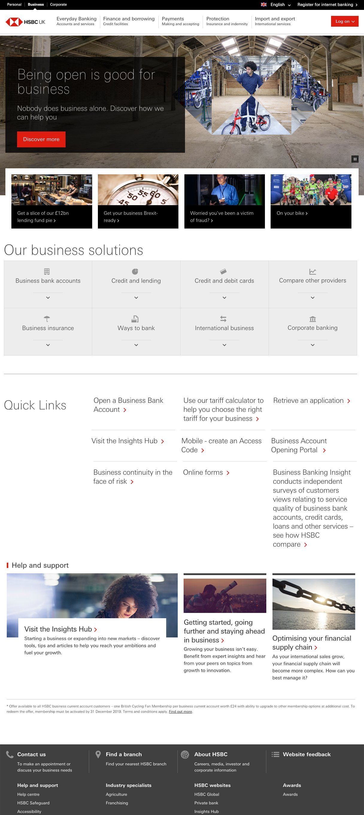 HSBC UK Business Banking homepage showing the hero banner and a grid of business solution categories