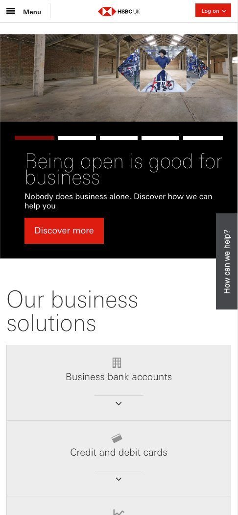 The HSBC UK business homepage on a mobile screen, with solution categories stacked in a single column